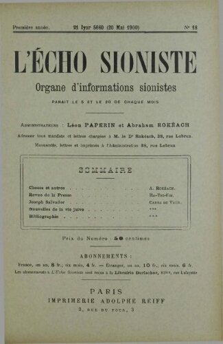 L'Echo Sioniste. Vol. 1 n° 18 (20 mai 1900)
